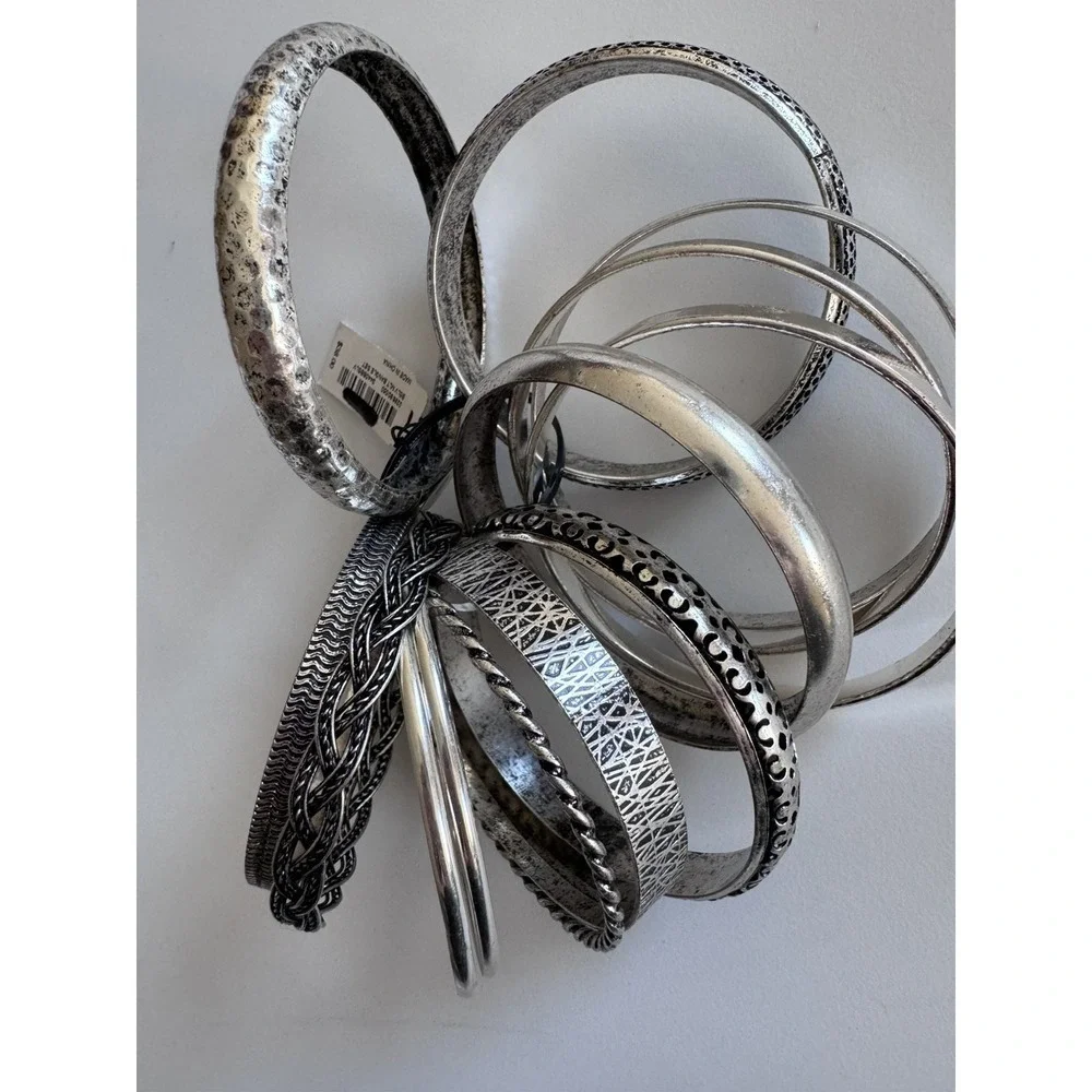 Bangle Set With Hammered, Arrow, Floral, Exaggerated Hexagram Design Silver - Picture 3 of 5
